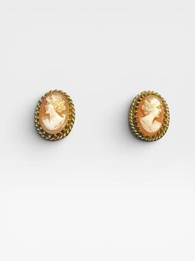 Winard 12K Gold Filled Shell Cameo Clip On Earrings Rope Border 1940s 50s